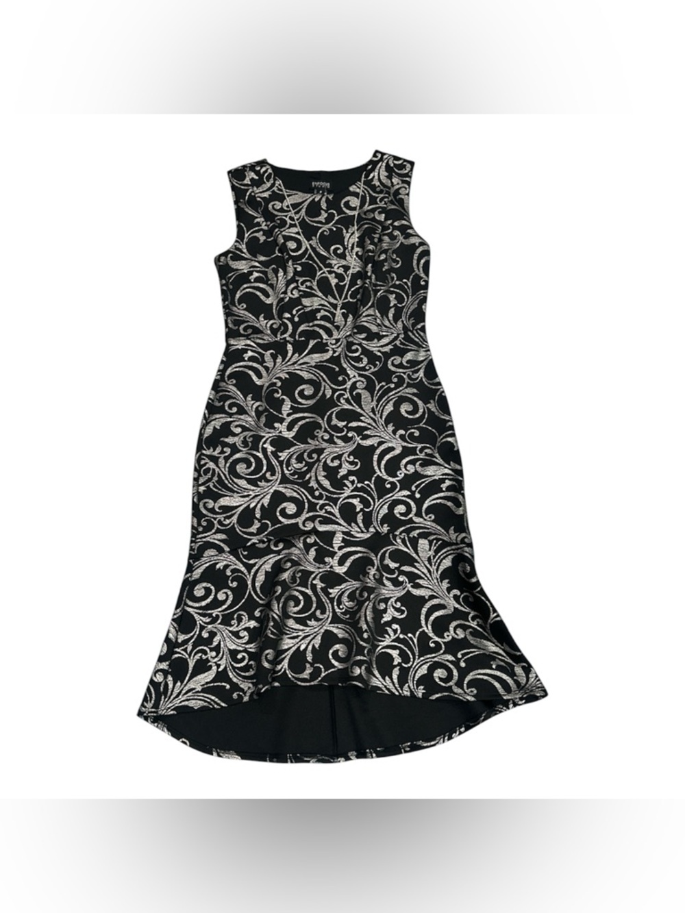 Enfocus Studio Black & Silver Scroll-Pattern High-Low Dress size 8